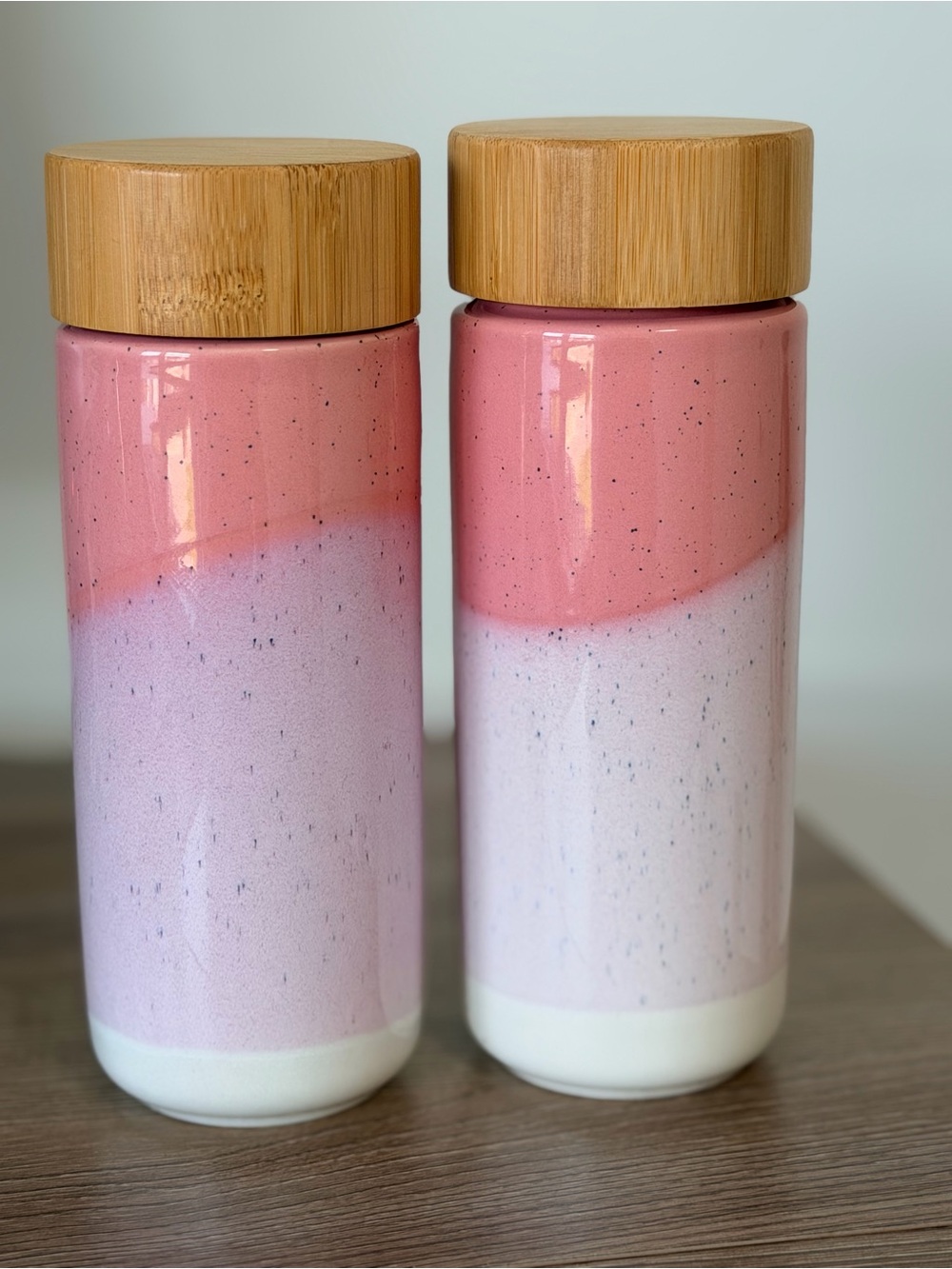 Premium Pink & White Ceramic Jar with Bamboo Lid